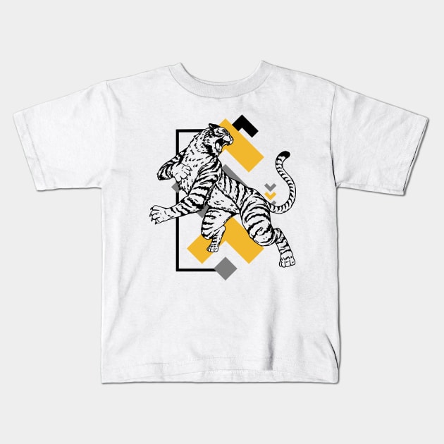 Retro 80s Black and Gold Tiger on the Attack // Vintage Geometric Shapes Background Kids T-Shirt by SLAG_Creative
